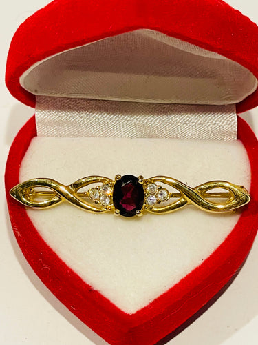 Kira.Gold Twisted Brooch with Red and Clear Rhinestones Bloomers and Frocks